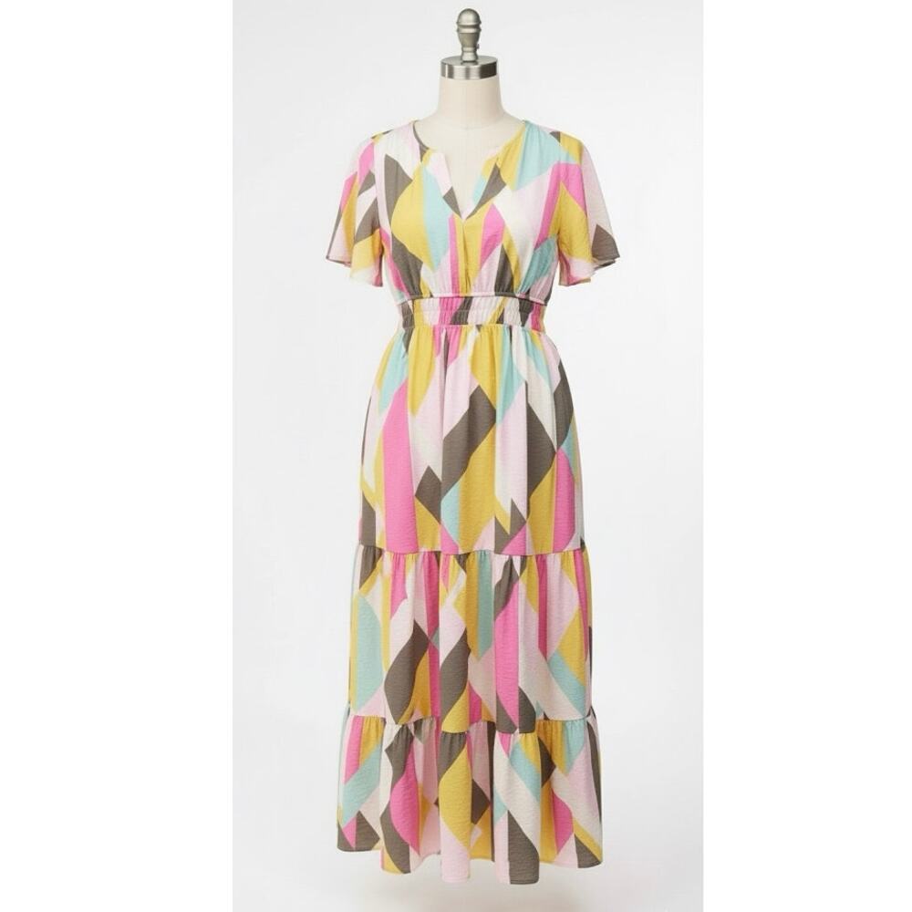 NWT Torrid 0 L 12 Giant Geo Tiered Maxi Dress Plus Pink Yellow Pockets - Picture 6 of 16